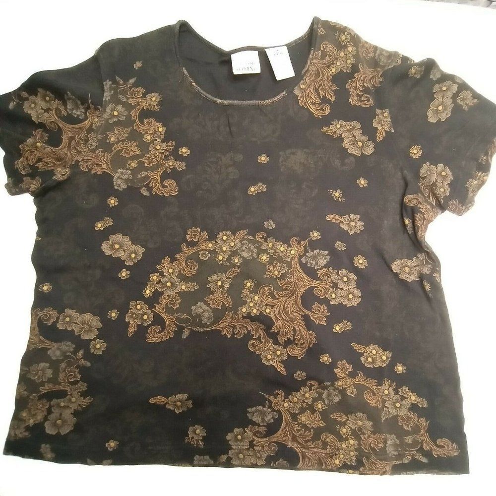 Classic Elements Size L 14-16 Black With Brown Flowers Short Sleeve Top